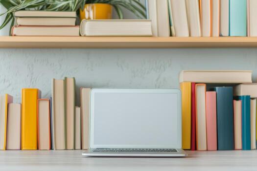 Curriculum higher education with students concept. Cozy workspace with a laptop and colorful books on a shelf. photo