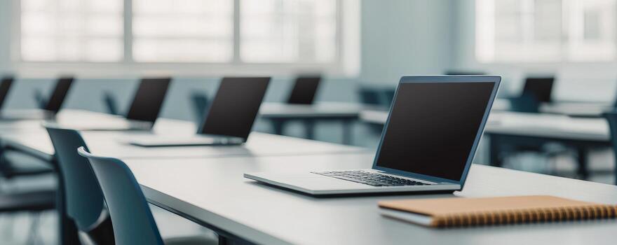 Higher education and collaboration degree concept. Empty classroom with laptops on desks and a notebook, highlighting a modern learning environment. photo