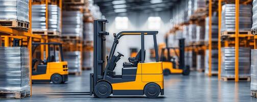 Creative business innovation and automation ideas concept. Forklifts in a spacious warehouse with stacked pallets and industrial shelving. photo
