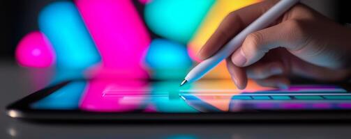 brand identity guidelines concept. Digital art creation with a stylus on a tablet, vibrant colors in the background. photo
