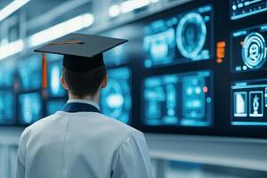 Higher education and innovation degree concept. Graduate in cap facing digital screens in modern academic environment. photo