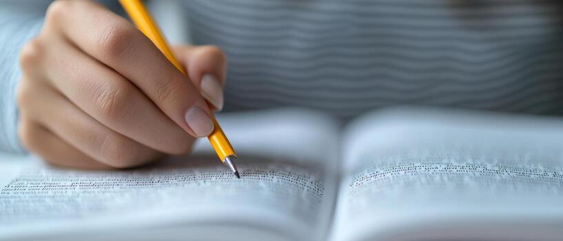 Curriculum higher education with students concept. Hand holding a pencil, writing in an open book with printed text. photo
