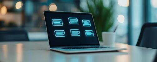 Efficiency of team collaboration tools concept. Laptop displaying data graphics with a coffee cup in a modern workspace. photo