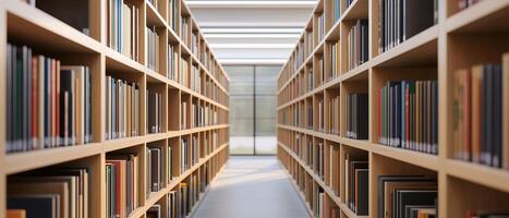Higher education with students and policy concept. Modern library interior with rows of bookshelves and natural light streaming in. photo