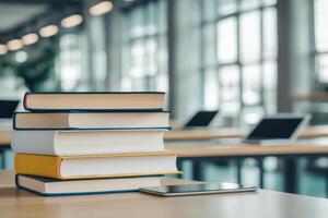 Higher education and collaboration degree concept. Stack of books on a table with a smartphone, set in a modern workspace with large windows. photo