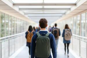 Higher education and collaboration degree concept. Young man walking in a modern corridor with peers, showcasing a casual atmosphere. photo