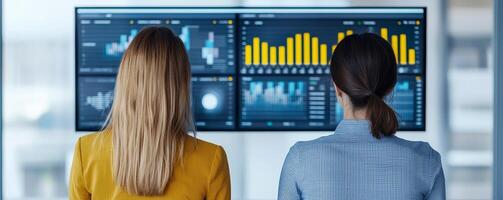 Determination of entrepreneurship growth mindset concept. Two women analyzing data on screens, focusing on graphs and statistics. photo
