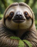 Detailed Portrait of a Male Sloth with Serene Expression Against Rainforest Backdrop photo