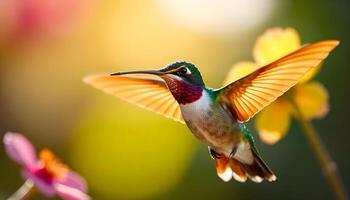 Close up of a hummingbird mid flight, iridescent feathers sparkle in sunlight, with flowers in the background photo