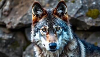 Majestic gray wolf portrait with sharp eyes and thick fur, framed by textured rocks photo