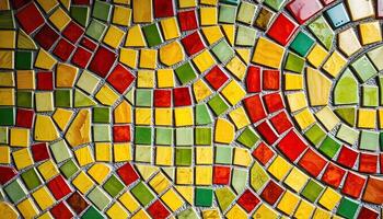 Colorful mosaic pattern with yellow, red, green, and gray tiles arranged in a circular design photo