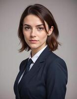 British professional woman in a smart business suit, projecting confidence and warmth photo
