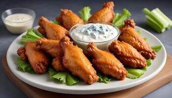 Savory buffalo wings with crisp celery sticks and delicious blue cheese sauce photo