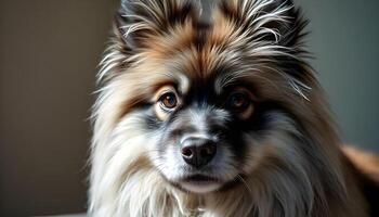 Close up of a Keeshond, showcasing its fluffy fur and calm, relaxed demeanor photo