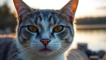 Close up portrait of a gray and white cat with bright yellow eyes, soft fur texture visible, sunlight casting gentle shadows, natural blurred background, calm and relaxed expression photo