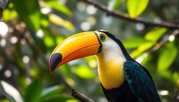 Close up of a toucan on a branch, vibrant beak, colorful plumage, with a soft focus rainforest backdrop photo