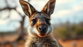 Close up of a wallaby with detailed fur texture and expressive eyes in raw image style photo