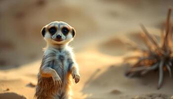 Playful meerkat standing on hind legs, curious expression, sandy desert backdrop photo