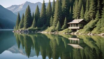 Glassy lake surface creating a perfect mirror image of mountains and surrounding forest photo