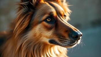 Detailed close up of a Belgian Tervuren, highlighting its warm toned coat, intense gaze, and natural lighting enhancing fur texture photo