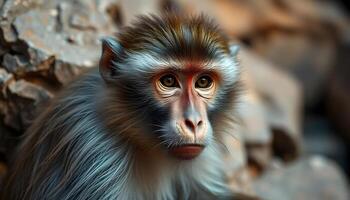 Young golden snub nosed monkey with orange red face and expressive eyes in a natural setting photo