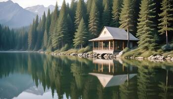 Idyllic mountain lake surrounded by evergreens with a perfectly smooth reflective surface photo