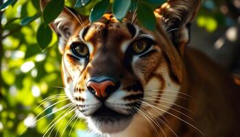 Cougars face with sharp whiskers and golden fur in soft light photo