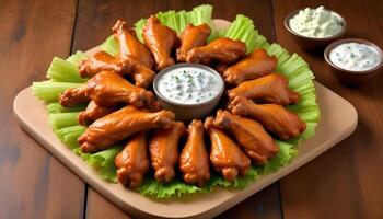 Spicy buffalo wings with fresh celery and rich blue cheese dressing on the side photo
