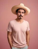 Confident Mexican man in casual attire standing against a neutral backdrop with a relaxed expression photo