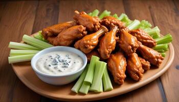 Delicious spicy buffalo wings paired with fresh celery and rich blue cheese dressing photo