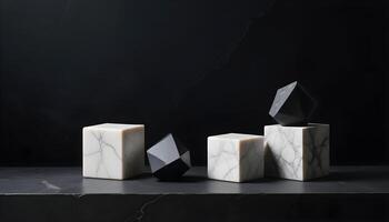 Premium white and gray marble pedestal with sharp geometric edges and a dark setting photo