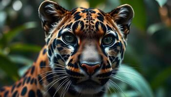 Detailed shot of a clouded leopards face with striking fur patterns and focused gaze photo