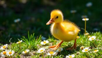Close up of a duckling, bright and playful, surrounded by a natural green setting photo