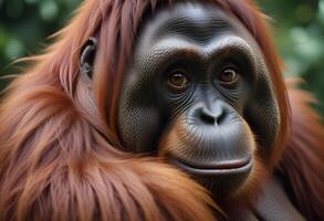Serene female orangutan with hair draped over one shoulder, her calm expression in sharp focus photo