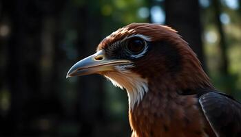 Brown and white bird with a sharp beak and deep brown eye, perched in a dark forest with dappled sunlight photo