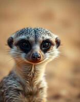 Female meerkat with focused expression and sharp features in soft desert light photo