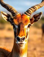 Male antelope with strong features and unique horns against blurred savannah setting photo