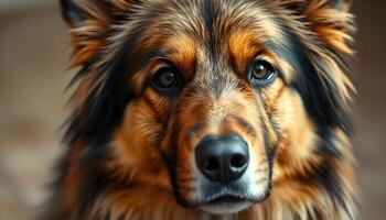 Fluffy Caucasian Shepherd Dog with focused gaze and soft blurred background photo