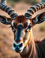 Close up of male antelope with textured fur and detailed horns in soft savannah light photo