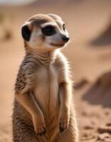 Portrait of a meerkat, highlighting its curious gaze, fine fur details, and the warm desert tones in a softly blurred backdrop photo