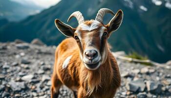 Close up of a curious brown goat with white patches, on rocks, with a misty mountainous background photo