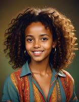 Curly haired Ethiopian girl beaming with confidence on a minimalist backdrop photo
