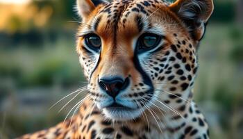 Intimate cheetah portrait with soft bokeh effect, photo