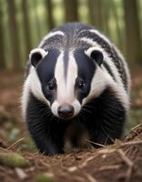 Portrait of a Male Badger with Striped Face and Attentive Expression photo