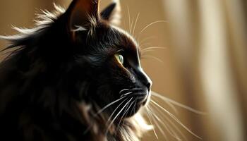Side profile of a black cat with piercing green eyes and soft, flowing fur in gentle light photo