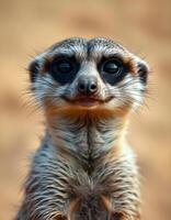 Meerkat with bright eyes and poised stance captured in a softly blurred desert setting photo