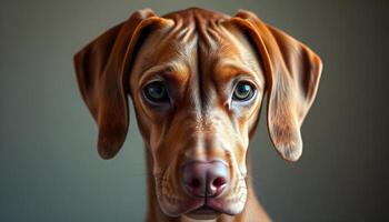 Portrait of a Vizsla, capturing its deep set dark eyes, rich golden coat, and strong yet relaxed posture, with a softly blurred background photo