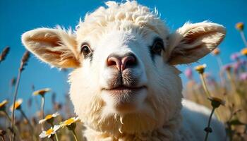 Close up of a fluffy white sheep with black patches, soft wool, surrounded by wildflowers under blue skies photo