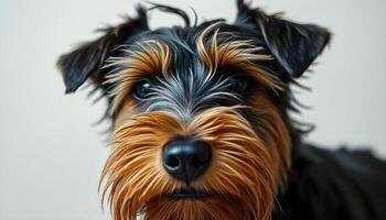 Close up of Welsh Terrier with wiry fur and focused gaze under natural lighting photo