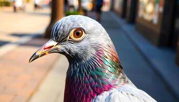 Close up of a pigeon, iridescent feathers, sharp eyes, perched on a sidewalk, sunlight reflecting off wings photo